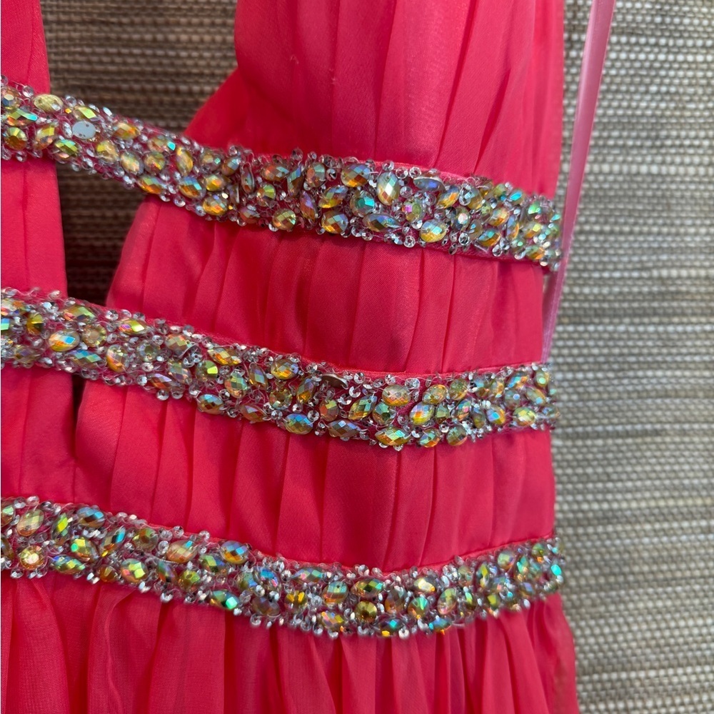 Elegant Coral Pink Backless Rhinestone Evening Gown - Picture 11 of 13